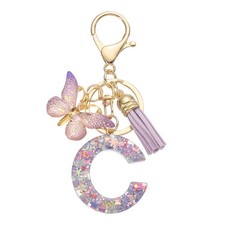 Alphabet Initial Letter C Keychain, Cute Tassel Butterfly Key Chain, Purple