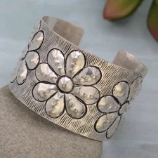 Embossed Silvertone Flower Wide Cuff Bracelet