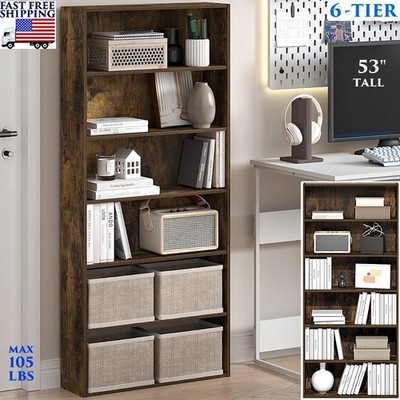 BOOKSHELF 6 TIER WOODEN BOOKCASE STORAGE SHELVES HOME OFFICE RACK DISPLAY 53''