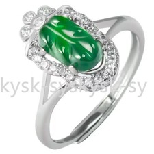 Certified S925 Sterling Silver Natural Green Burma A Jade jadeite Leaf Ring---