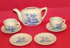 Vintage Porcelain Japan 7 Piece Blue Cup  Saucer Teapot Set, CUTE