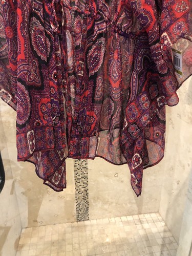 INC Sheer Red Paisley L 14 Beach Kimono Bathing Cover Up Black NEW - Picture 3 of 9