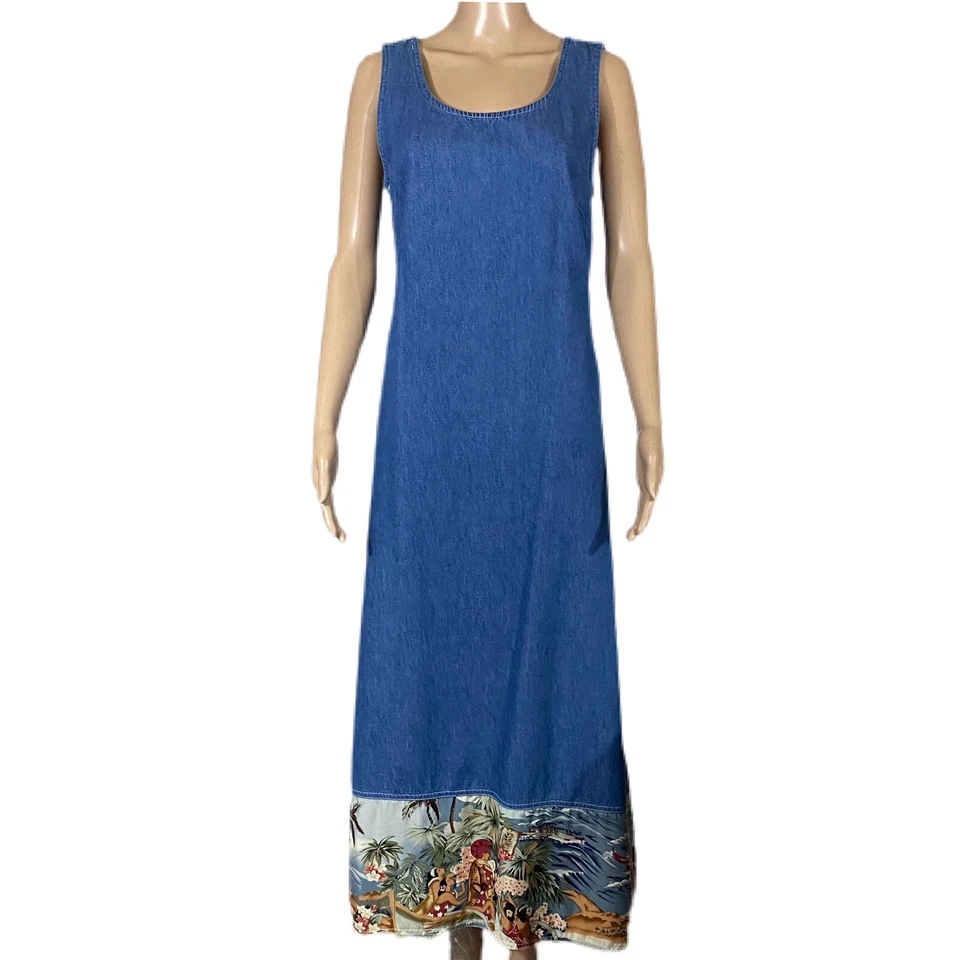 Vintage Tomato Girl  Denim Maxi Dress & Jacket Set Hawaiian Scene Sz M - Image 3 of 4