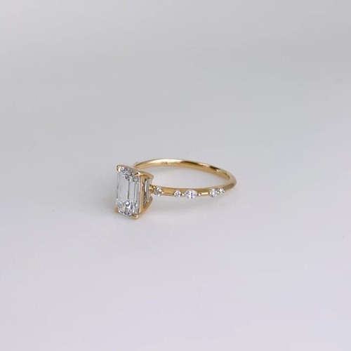 Fancy 1 Ct Emerald Cut Moissanite Wedding Engagement Ring 14K Solid Yellow Gold - Picture 6 of 10