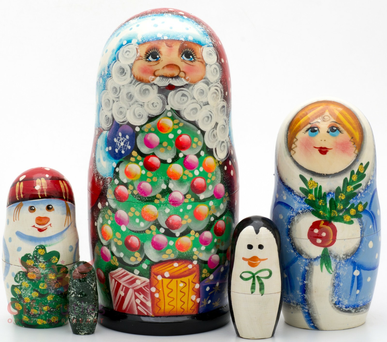 6-Piece Santa Claus Russian Nesting Doll Set - Handmade Wooden Matryoshka Stacking Dolls 6 Inches Tall