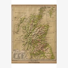 Physical Map of Scotland, Old Topographic Map, Sonnenschein & Allen, 1880