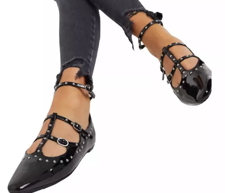 ASOS DESIGN WOMENS LISI STUDDED MARY JANE BALLET FLATS IN BLACK