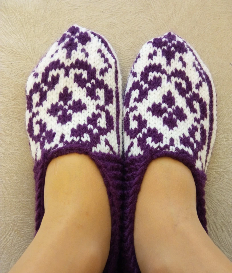 紫色女式手工针织拖鞋袜/7-9 美国尺码/舒适家居鞋/手工礼品 — 第 2/4 张图片