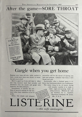 1927 Listerine Antiseptic Safe Gargle After The Game Sore Throat VTG Print Ad