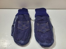 Denim Faux Leather Mittens Youth Blue Ribbed Knit Cuff Winter Gloves Pocket