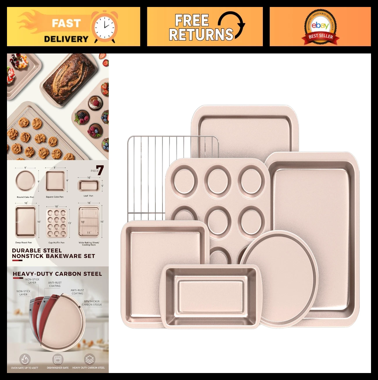 7-Piece Nonstick Bakeware Set - Round/Square Cake Pans, Muffin, Cookie Sheet, Ro