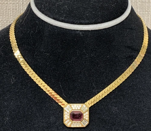 Christian Dior ciondolo vintage catena a spina di pesce placcata oro viola anni 80