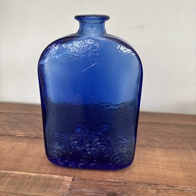 Vintage Deko Kobaltblau Glas Flach Flasche Flachmann geprägt 97 g