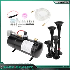 150DB 4 Trumpet Air Horn 12V Compressor Kit Black Tank Gauge for Car Train Truck