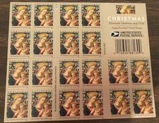 USPS STAMPS CHRISTMAS FLORENTINE MADONNA AND CHILD Sheet Of 20 Book STAMPS