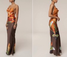 Draped Women’s Dress, Long Dress, Orange And Brown Floral Print, Low Back