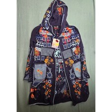 Johnny Was Biya Embroidered Hooded Cardigan Navy Blue Floral Cotton Duster S