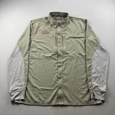 Simms Shirt Mens Large Tan Fishing Three Forks Ranch Logo Snap Front Long Sleeve