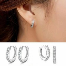 Silver Plated CZ Cubic Huggie Hoop Small Earrings E21 Lab-Created A 54
