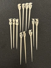 Vintage Carved Cocktail Stick Set 12Animal Finials, Elephant, Moose, Camel, Bird