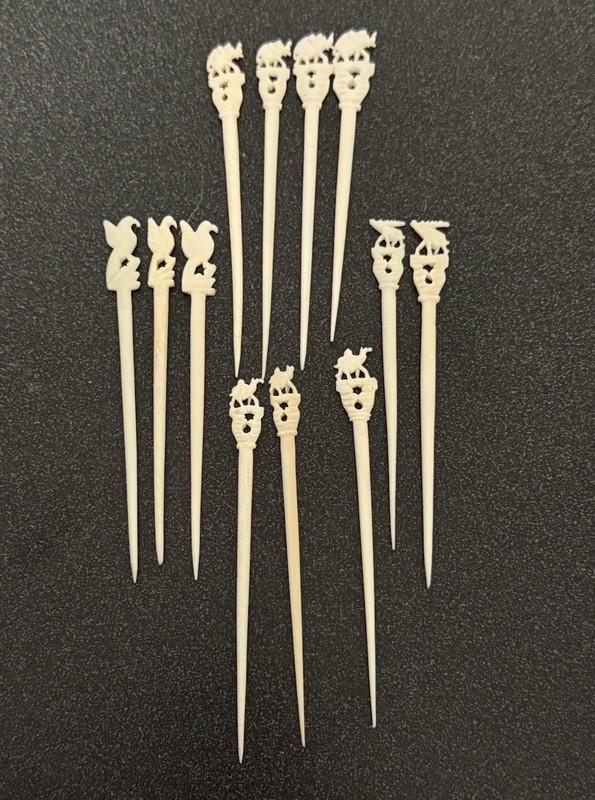 Vintage Carved Cocktail Stick Set 12Animal Finials, Elephant, Moose, Camel, Bird