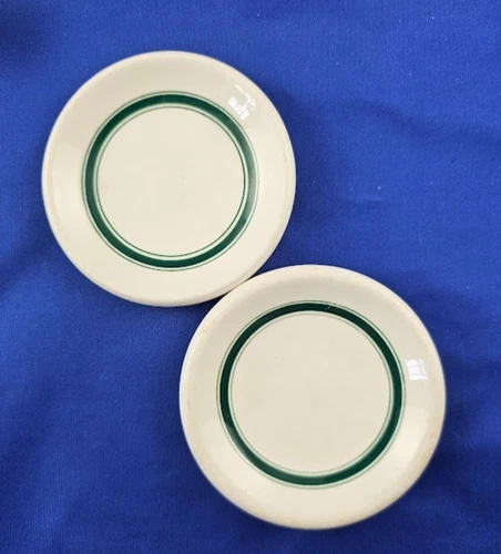 2 Green Banded 3¼ in BUTTER PATS Hotel Ware England distributed by Renaud Quebec