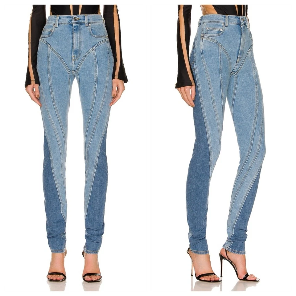 Pantalones de mezclilla ajustados en espiral Mugler (talla FR 44) tiro alto dos tonos bicolor azul medio Foto 2 de 4