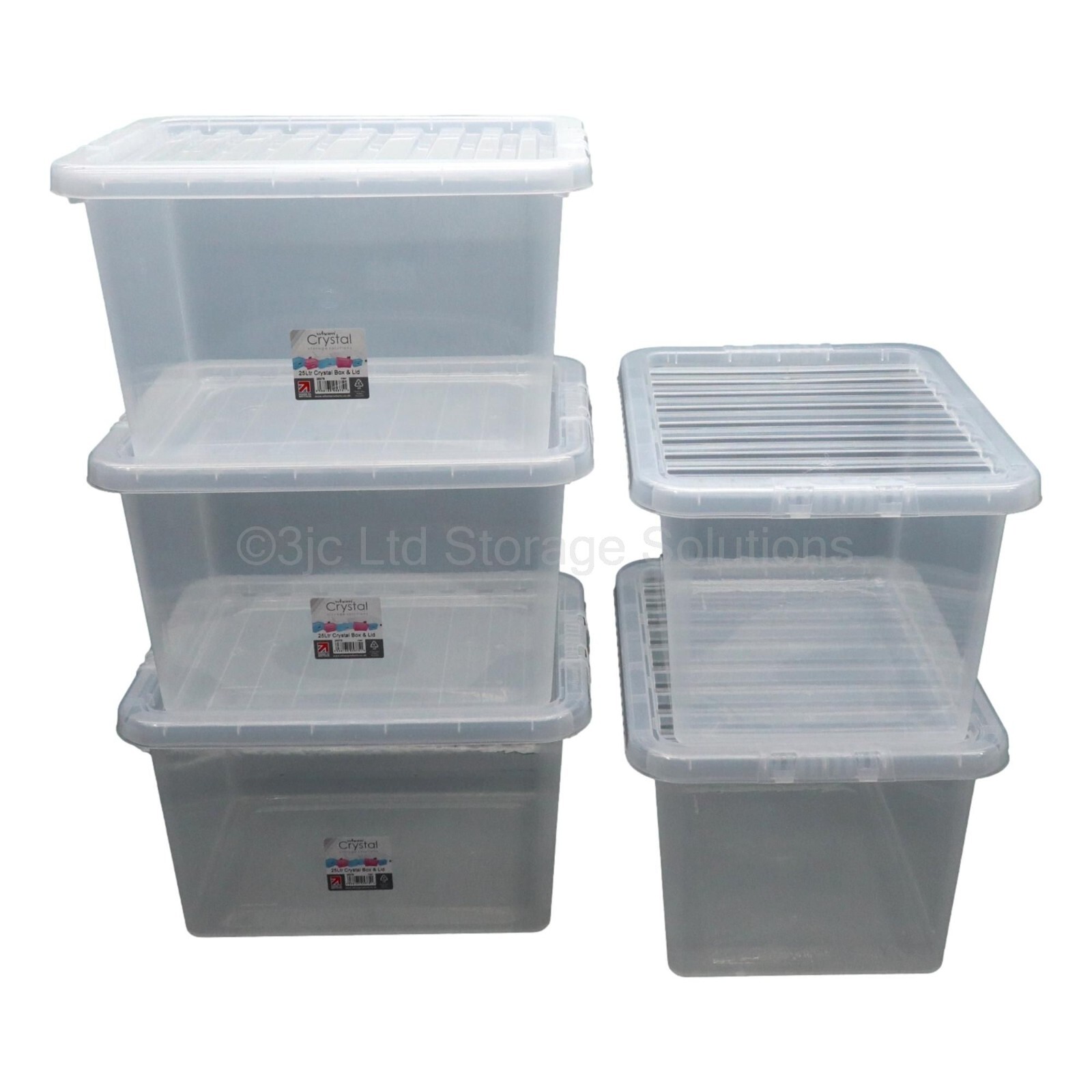 NEW 5 x 25 Litre Wham Crystal British Made Clear Plastic Storage Boxes Box & Lid