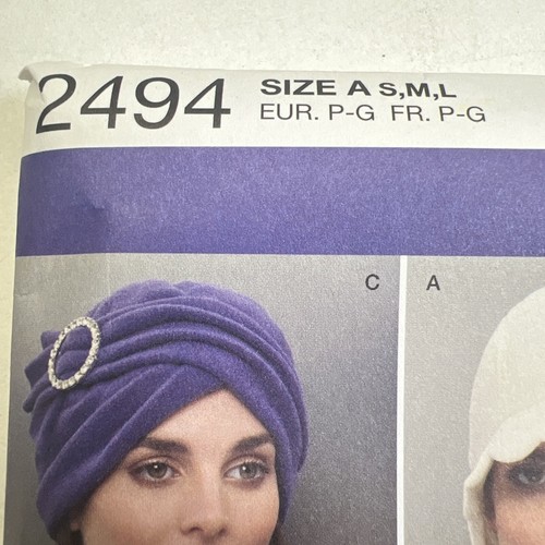 Simplicity Pattern 2494 Fleece Hats S M L Roaring 20’s Turban Fleece Hats Uncut - Picture 8 of 12