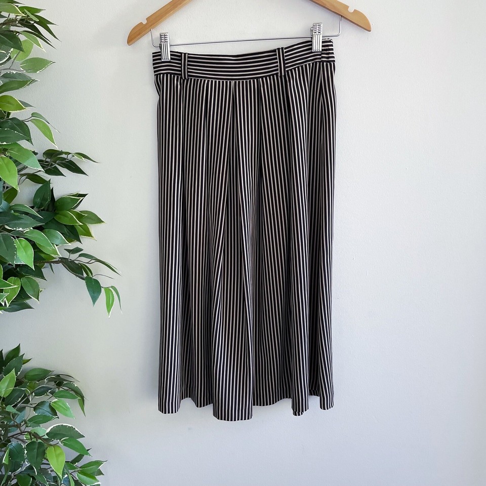Unbranded Womens Pleated Midi Skirt Size 8 Stripe Black Tan Elastic Waist 