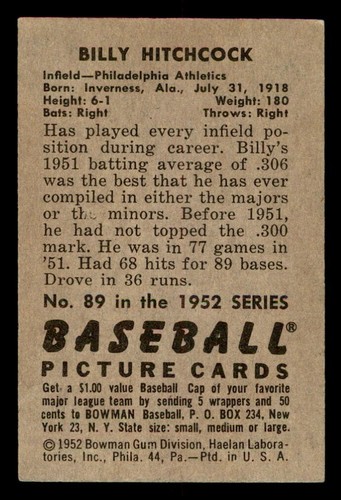 1952 Bowman Baseball #89 Billy Hitchcock EX/MT - Picture 2 of 2