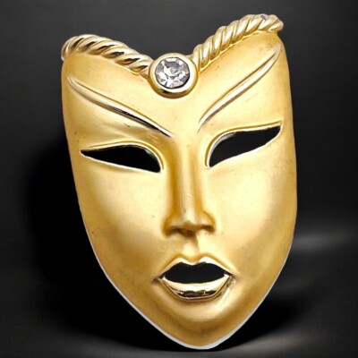 Art Deco Revival Mask Brooch Gold Tone Rhinestone Masquerade Vintage Statement