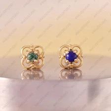 14K Solid Gold Genuine Moss Agate & Lapis Lazuli Clover Design Piercing New Stud