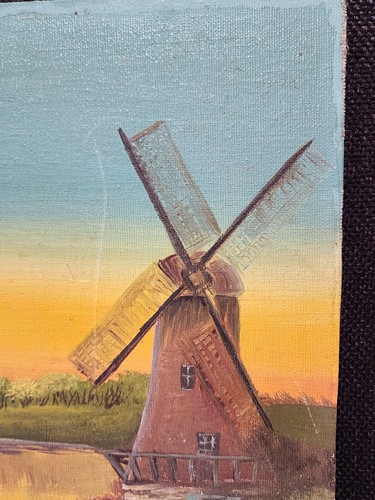 VINTAGE SIGNED M. ALLEN OIL PAINTING DUTCH WINDMILL LAKE LANDSCAPE SCENE - Picture 5 of 10