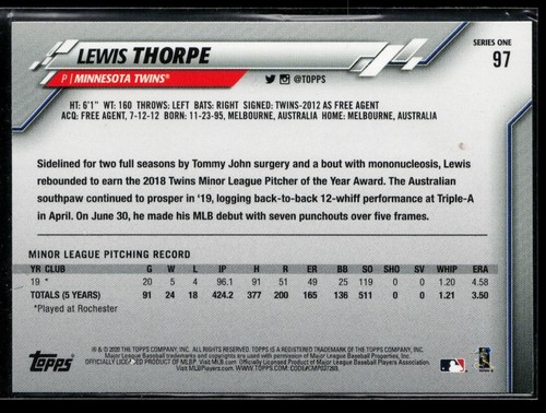 2020 Topps #97 Lewis Thorpe RC - Picture 2 of 2