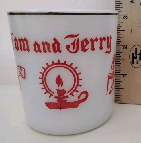 Vintage Milk Glass Tom And Jerry Mug. White/Red Gold Trim