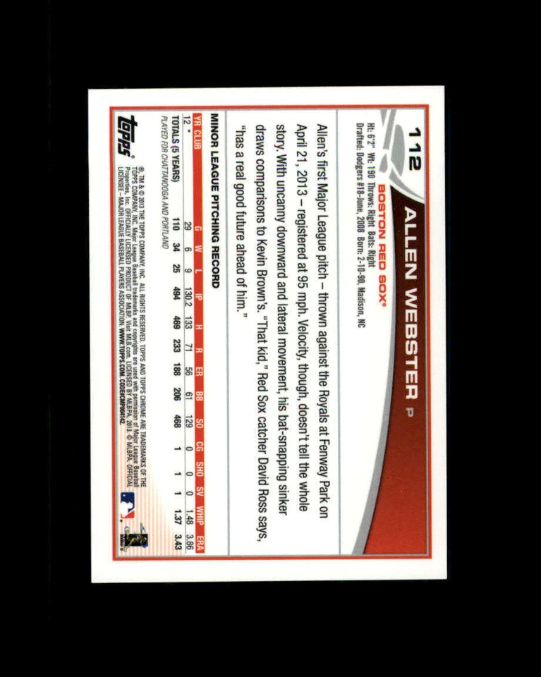 2013 Topps Chrome Rookie Autographs #112 Allen Webster (ref 165523) - Image 2 of 2