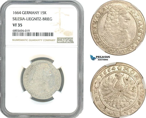 AJ962, Germany, Silesia-Liegnitz-Brieg, Christian, 15 Kreuzer 1664, NGC VF35