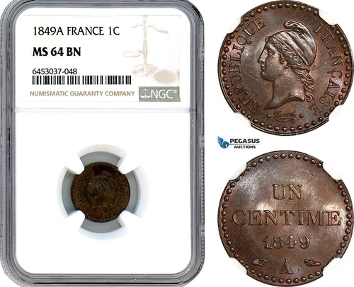 AH571, France, Second Republic, 1 Centime 1849 A, Paris Mint, NGC MS64BN