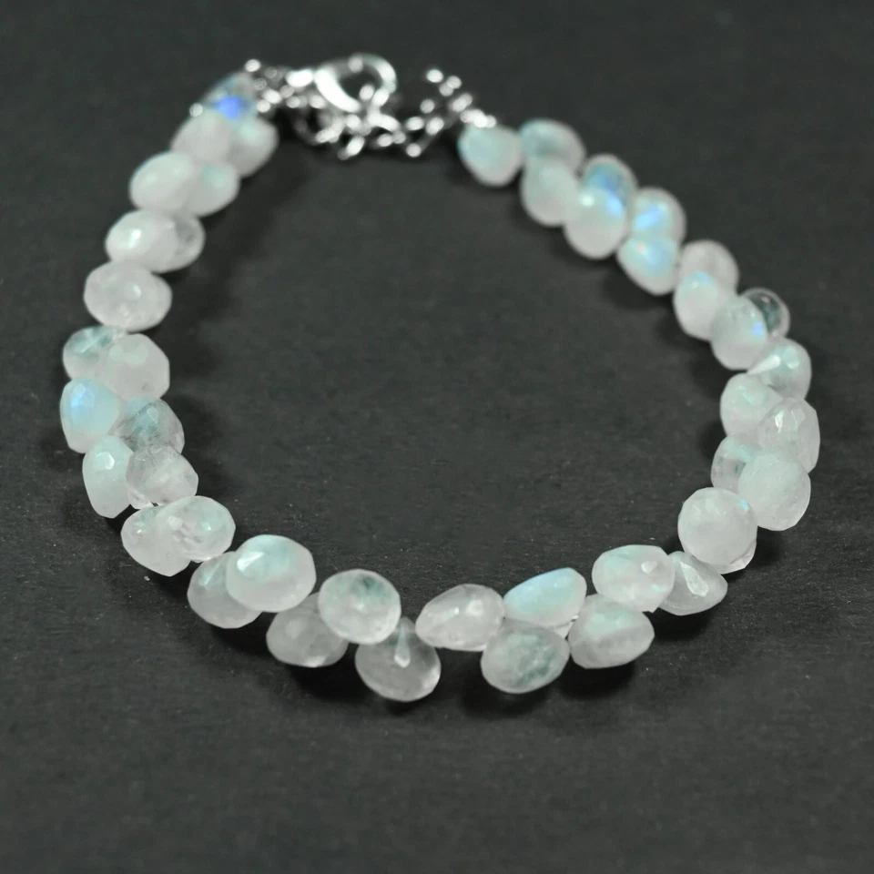 Blue Flash Rainbow Moonstone Faceted Onion Briolette Gemstone Bead 6-8" Bracelet - Image 2 of 4