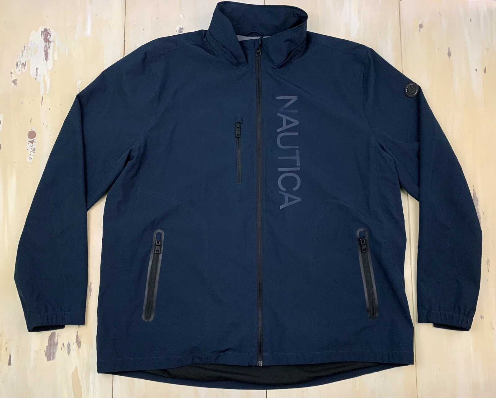 NAUTICA: Navy Blue Water Wind Resistant Stretch Fit Windbreaker Jacket, Mens XLT