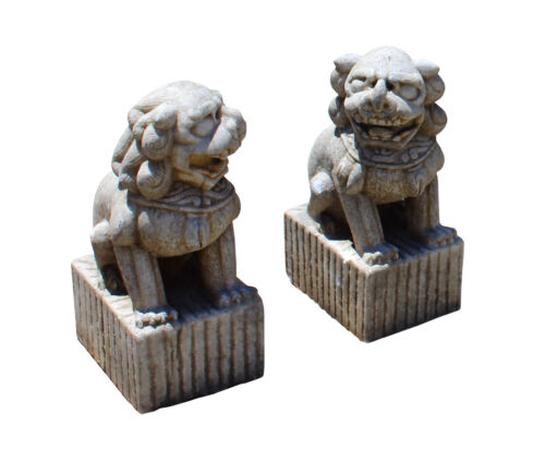 Chinese Pair Distressed Brown White Marble Stone Fengshui Foo Dog Statues cs2868 - Picture 3 of 7