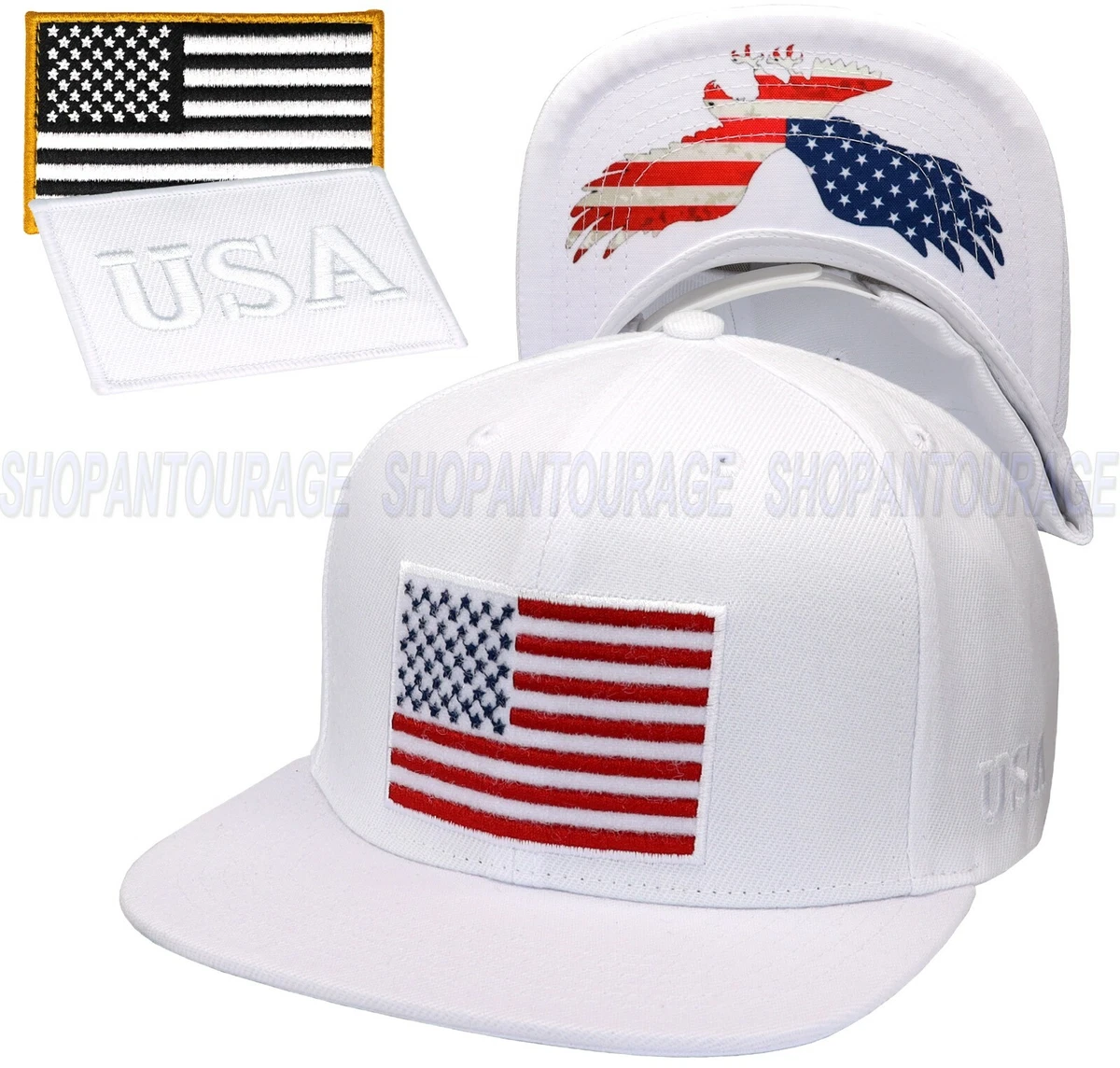 Antourage American Flag Flat Visor Constructed Snapback Hat +2 Patriotic Patches