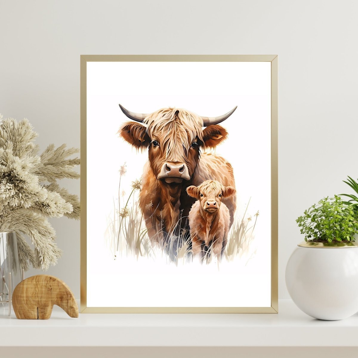 Highland Cow Mother & Calf - Watercolor Nursery Wall Art | eBay