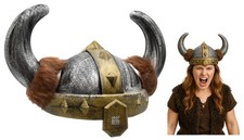 Womens Nordic Viking Hat Barbarian Helmet with Faux Fur Horns Costume Accessory
