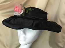 Victorian black taffeta hat with black bow and pink silk rose
