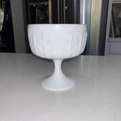 Vintage 1978 FTD White Milk Glass Oak Leaf Pattern Pedestal Bowl Compote