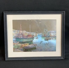 Vintage Vernon Ward Metallic Foil Etched Art ‘Fishing Harbor’ w/Old Wooden Frame