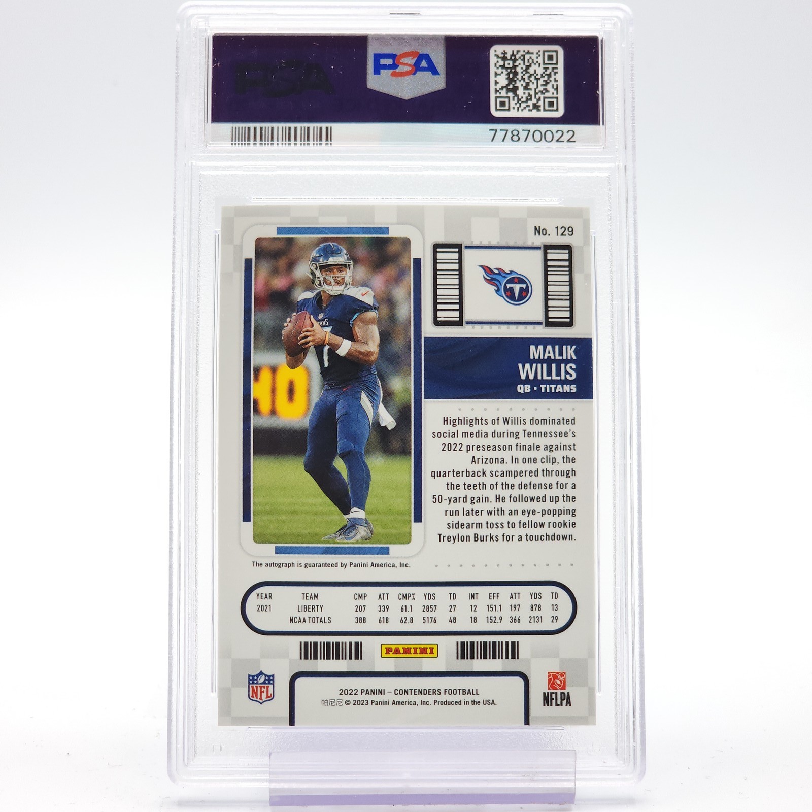 MALIK WILLIS 2022 CONTENDERS CRACKED ICE ROOKIE AUTO /22 #129 PSA 10 Q5580 view 2