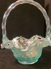 Vintage FENTON Iridescent Aquamarine Carnival Glass Basketweave Ruffled Basket